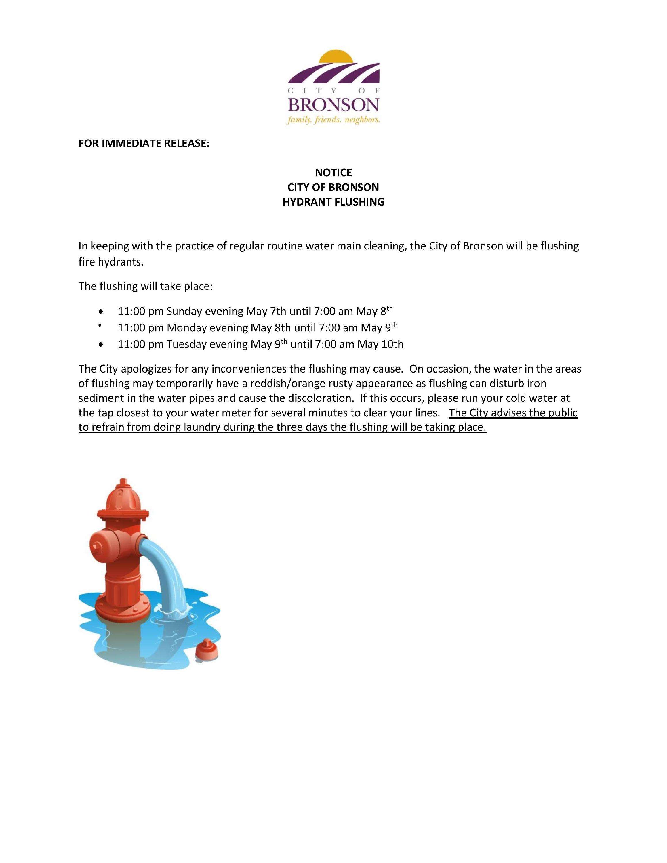 Press Release-Bronson Hydrant Flushing- May 7-9, 2023-page-001